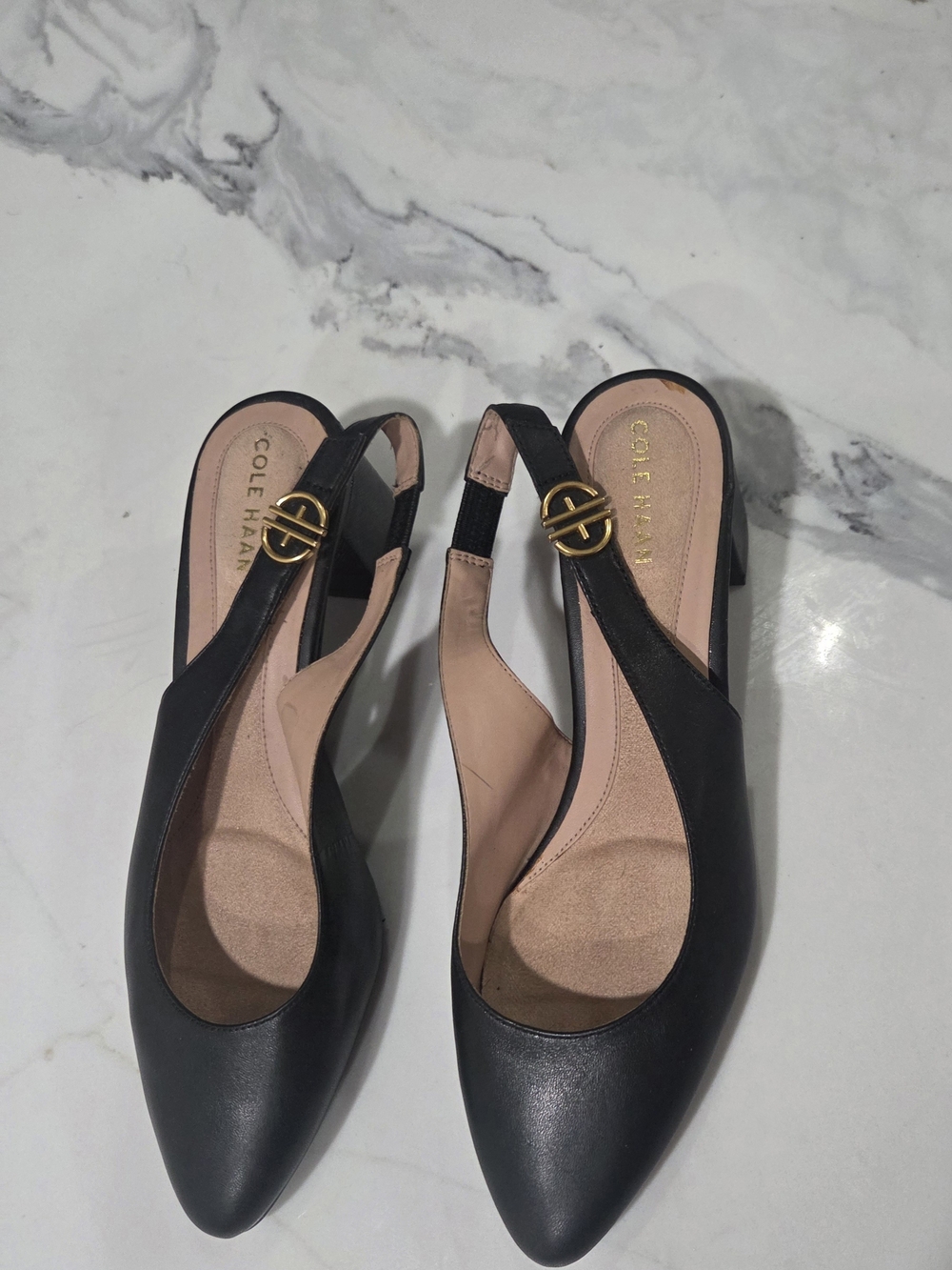 Cole Haan Black Leather Slingback Heels with Gold Logo Buckle